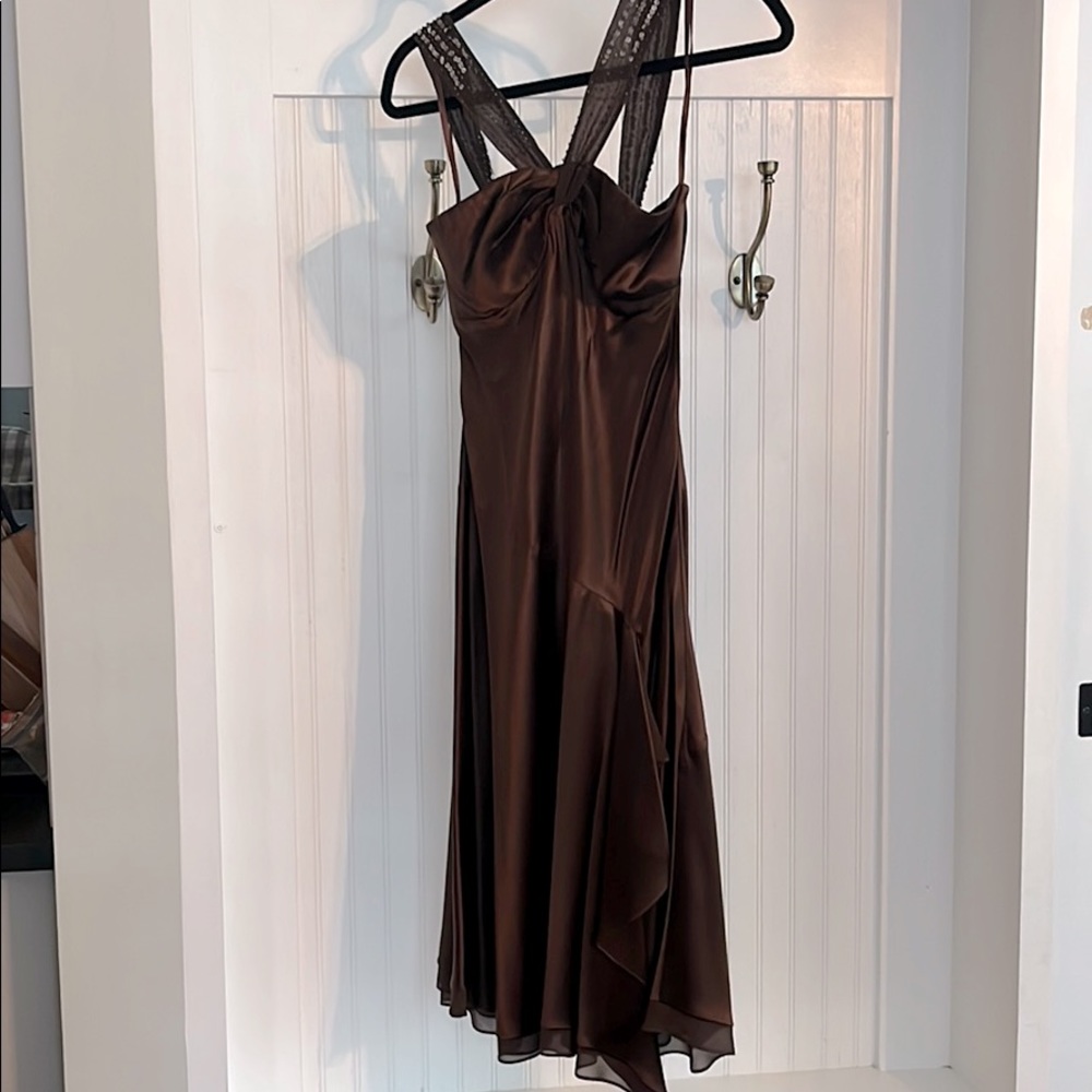 Brown beaded strap cocktail dress